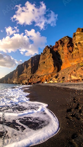 Dramatic coastal scene featuring dark sand, cliffs, and ocean waves under a blue sky