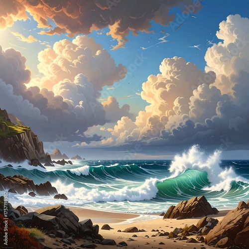 Dramatic coastal scene featuring waves crashing on a sunny beach under a cloudy sky