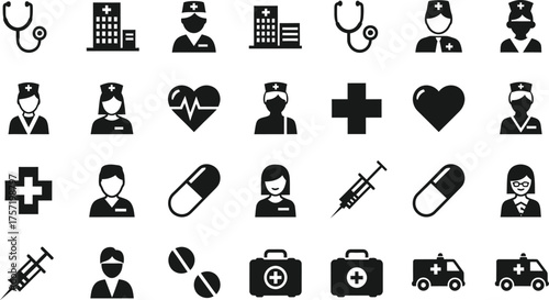 Collection of medical and healthcare icons including hospitals doctors nurses stethoscopes and pills isolated on transparent background