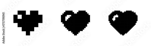 Three Pixelated Hearts Illustrating Varying Degrees of Health and Vigor on White Background