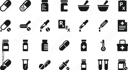 Collection of medical and pharmaceutical icons including pills capsules bottles droppers and medical symbols isolated on transparent background