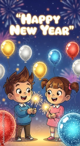 Festive new year celebration with children, sparklers, and colorful balloons