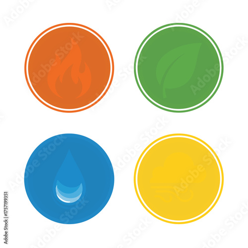 Set of four colorful circular badges or icons in orange green blue and yellow with thin white borders.