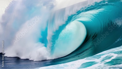 Powerful blue ocean wave under clear sunny sky.