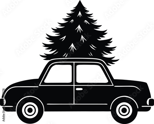 Car carrying christmas tree silhouette Black silhouette of a vintage car carrying a Christmas tree 2