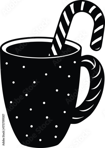 Holiday mug with candy cane silhouette Black mug with dots candy cane silhouette