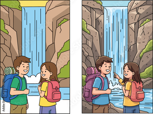 Children hiking, waterfall adventure, nature exploration, outdoor travel, scenic landscape, forest trail, summer vacation, backpacking kids, joyful trekking, wilderness fun