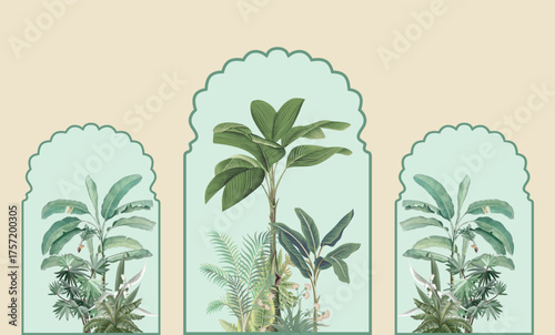 Traditional Mughal style illustration, Mughal Arch, Wedding Background, Indian Wedding Wallpaper Mural, Wall Mural for Print.