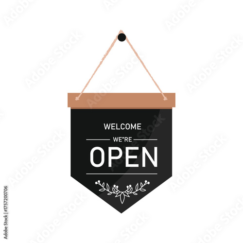 Text on vintage black sign "Come in we're open" isolated on white background