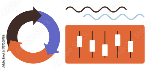 Circular arrows symbolize process flow, lines express trends, and sliders denote settings. Ideal for workflow, data visualization, management, analysis, strategy, process optimization simple flat