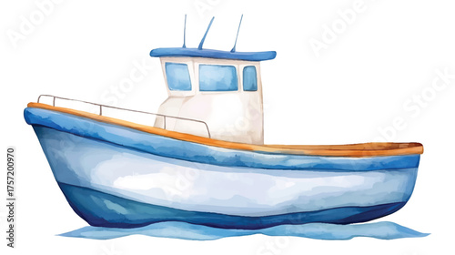 Watercolor Fishing Boat with Blue Hull and White Cabin on White watercolor illutrastion transparent background