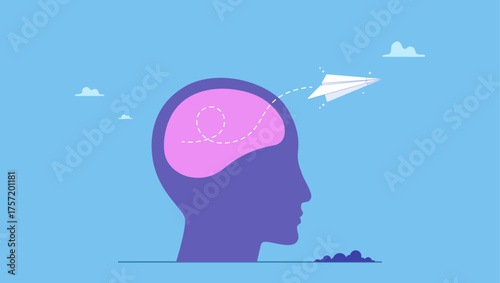 Human head with brain line as imagination to launch paper airplane into the cloud. Creative mindset, emotional intelligence or passion to be success, thinking for solution for business problem.