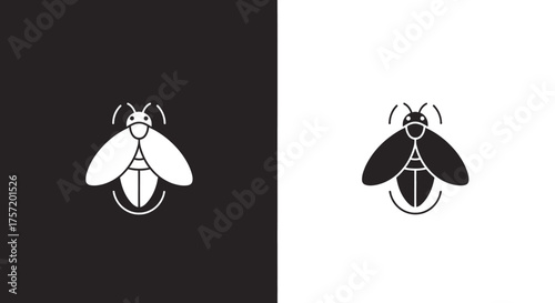 Minimalist firefly insect logo design in black and white versions.