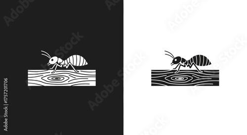 Logo Template Vector of a Stylized Ant on Wood Grain Black and White Insect Icon