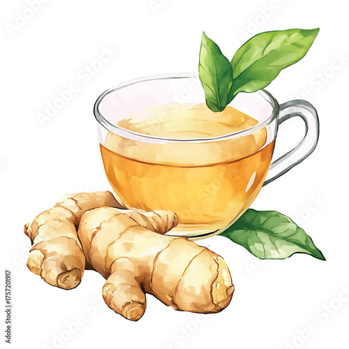Watercolor ginger tea in a glass cup with ginger root and green watercolor illutrastion transparent background