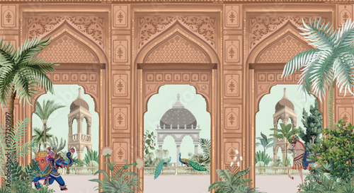 Traditional Mughal Garden Wall Mural Illustration, Mughal Arch, Elephent, Dome Peacock. Mughal Wallpaper.
