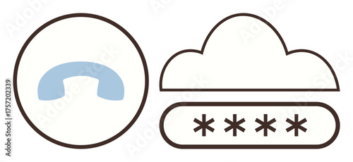 Blue phone handset icon in a circle next to a cloud and password field with asterisks. Ideal for security, data protection, communication, access control, technology, authentication, and encryption