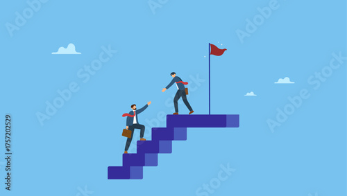 Businessman leader help employee climb to target at top of stair. Business mentor or leadership help colleague to succeed and reach goal achieve target, mentorship, support or help career success.