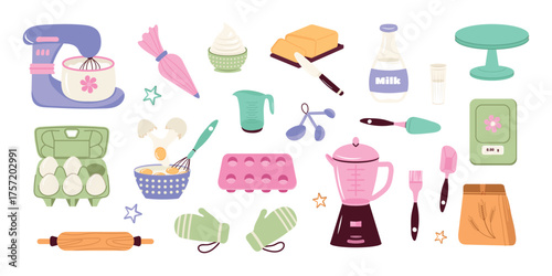 Modern set of ingredients, tools, and kitchen utensils for baking. Flat vector illustration isolated on a white background