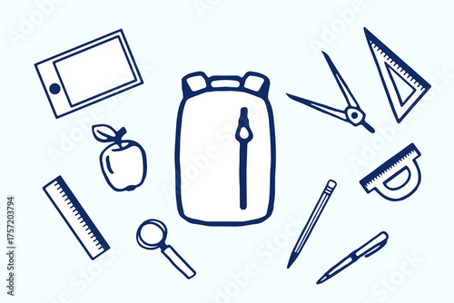 Vector illustration of a school bag and school supplies. Back to school concept. Основные RGB