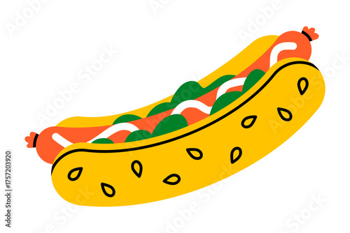 Hand drawn cute illustration of hot dog. Flat vector bun and sausage with mustard doodle. Food delivery. Unhealthy eating sticker, icon. American fast food. Takeaway lunch menu. Isolated.