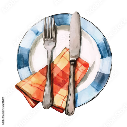 Watercolor illustration of a plate with fork knife and napkin watercolor illutrastion transparent background