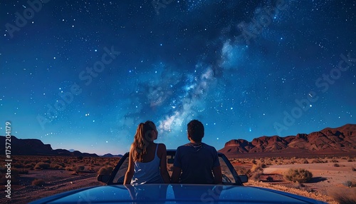 Couple enjoys a starry night from a convertible in a desert landscape