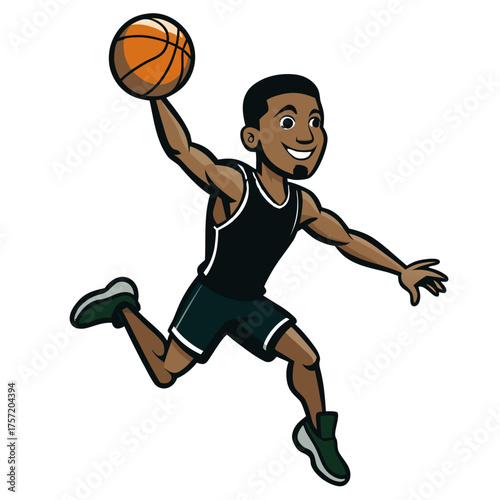 Black Sportsman Jumping to Shoot Basketball – Power Vector Illustration