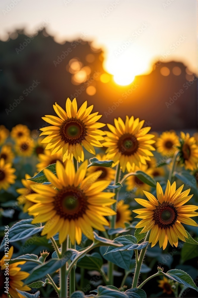 Fototapeta premium Golden sunflowers facing the dawn, bathed in soft morning light, morning, light, dawn