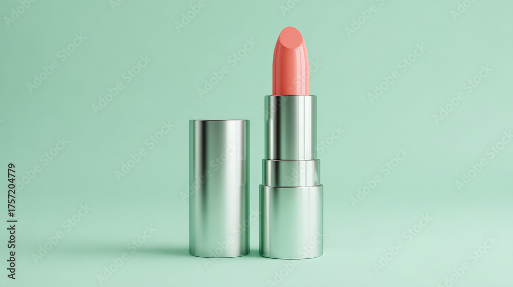 Obraz premium Close up view of lipstick tube with vibrant coral shade, set against soft mint green background. sleek silver casing adds modern touch, enhancing product appeal