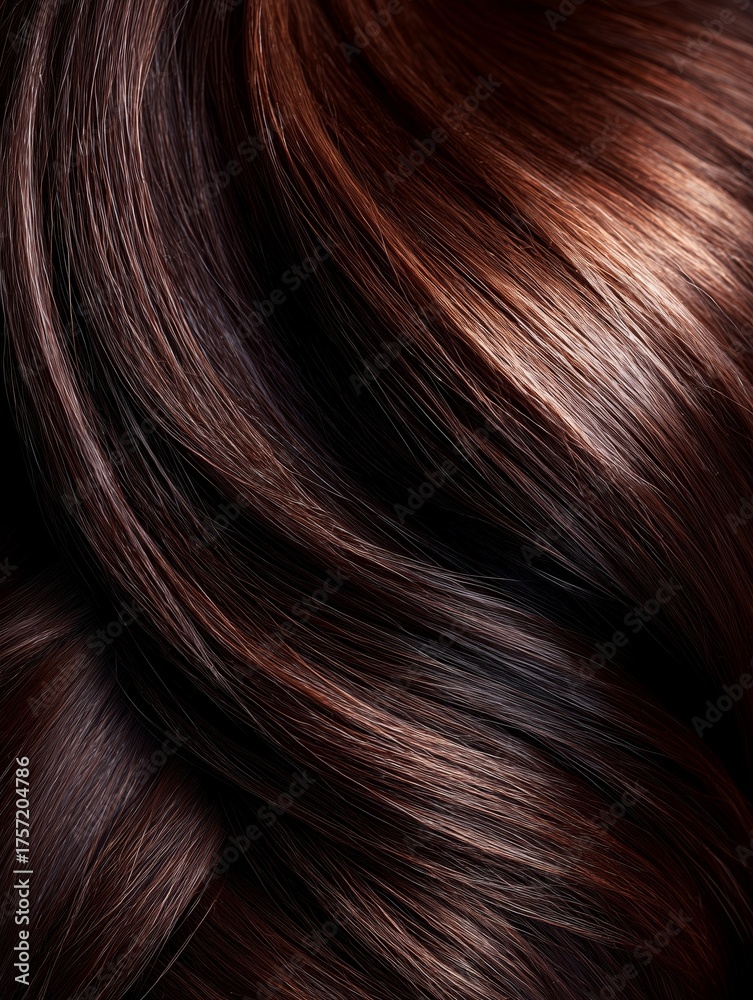 Fototapeta premium A detailed close-up image of smooth, glossy brown hair, showcasing natural shine and healthy strands in soft curls.