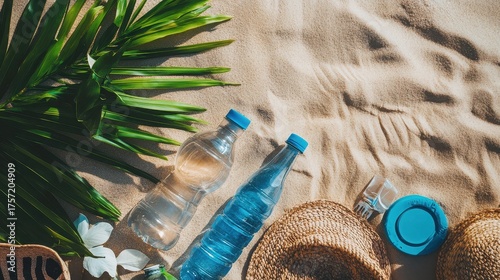 Refreshing water bottles on a sandy beach with a straw hat and palm leaf, capturing the essence of a sustainable summer vacation