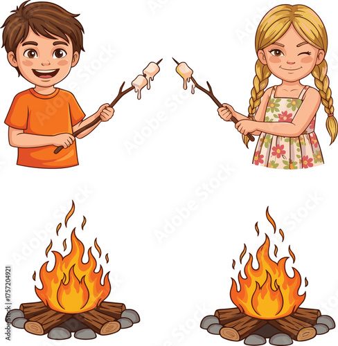 Children roasting marshmallows over campfire, camping kids illustration, outdoor adventure, summer holiday fun, cartoon boy and girl, family leisure activity