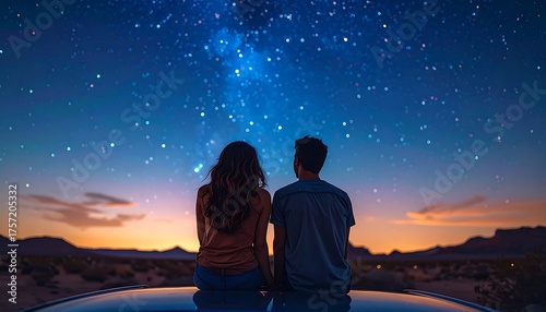 Couple gazing at starry sky during sunset over a desert landscape
