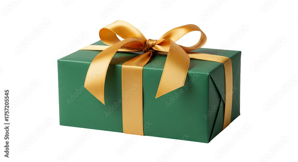 Obraz premium Wrapped gift sits with a gold ribbon and bow against a solid background. - high quality Wrapped gift sits with a gold ribbon and bow against a solid b