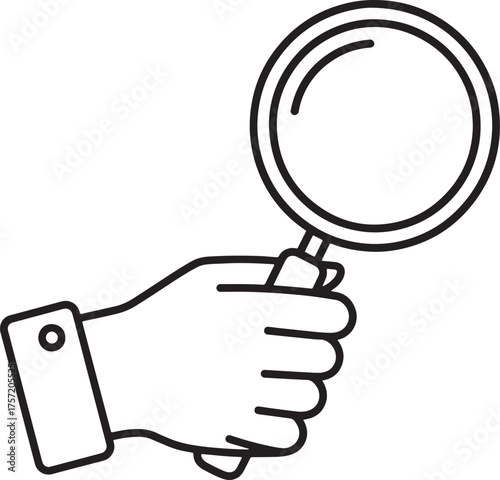 Hand holding magnifying glass icon, search and inspection symbol, outline line art vector on white.