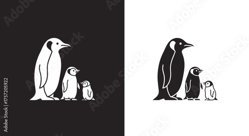 Logo Template Vector of a Minimalist Penguin Family in Black and White