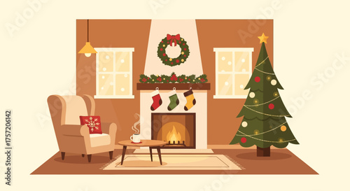 A warm flat design illustration of a cozy Christmas living room interior, featuring a decorated fireplace, comfortable armchair, and festive holiday accents. 