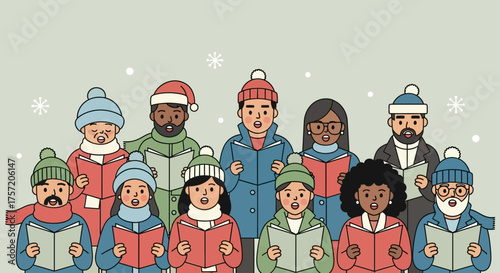 A delightful flat design illustration depicting a diverse group of cheerful carol singers, bundled in winter attire and holding songbooks, spreading holiday cheer. 