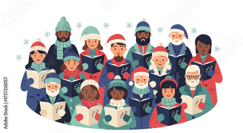A delightful flat design illustration depicting a diverse group of cheerful carol singers, bundled in winter attire and holding songbooks, spreading holiday cheer. 