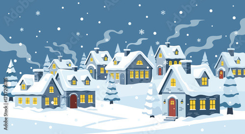 A picturesque flat design illustration of a charming, snow-covered Christmas village, complete with quaint houses, festive trees, and falling snowflakes. 