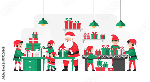 A vibrant flat design illustration of Santa and his dedicated elves in a bustling workshop, meticulously preparing and wrapping an abundance of Christmas gifts with joy.