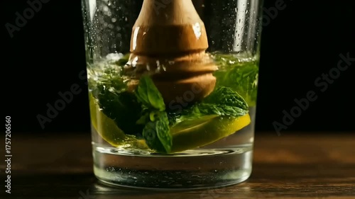 fresh mojito cocktail preparation muddling lime mint