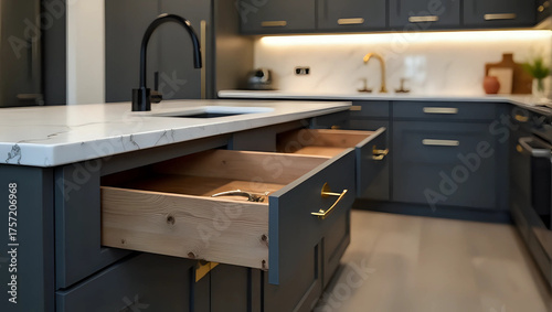 Modern kitchen cabinet : sophisticated grey finish, elegant gold hardware, marble countertops, open drawers, natural wood interiors - classic, contemporary design