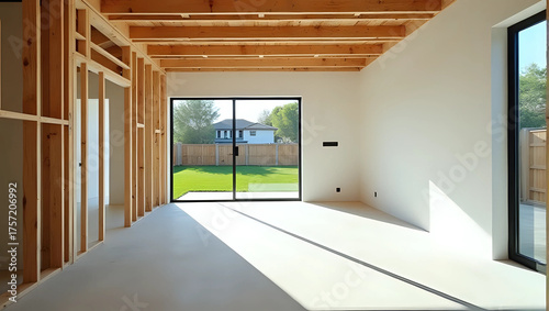 New home addition construction : open floor plan, windows, spacious design, wooden frame up, awaiting drywall, seamless room expansion, bright interior, light-filled spaces - real estate development