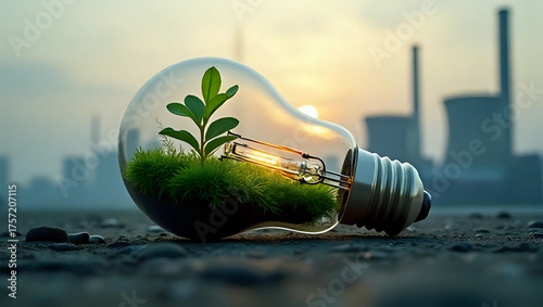 A lightbulb inside with glowing green plant, blurry industrial power plant at dusk - hope, growth, future, sustainability, renewable energy, nature ecology, eco-friendly technology