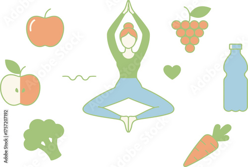 A woman practices yoga in a lotus position surrounded by healthy food, promoting a balanced, mindful, and active lifestyle.