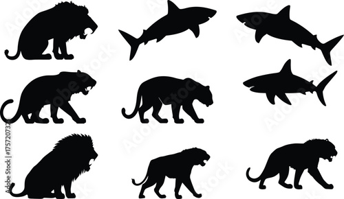 Apex Predator Silhouettes Vector Collection, Roaring Lions and Aggressive Sharks, Wildlife Safari and Ocean Fauna Graphic Elements.