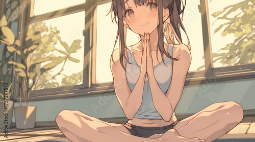 朝日を浴びて瞑想する少女　穏やかな心と柔らかな光のヨガシーン