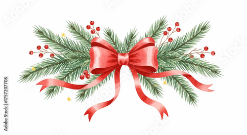 Watercolor vector Christmas banner with fir branches and red ribbon bow